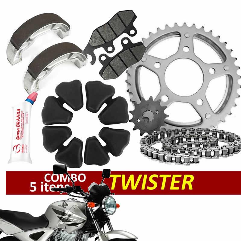 kit relação cbx 250 twister + pastilha freio + lona freio + coxim coroa + brinde em Oferta na Shopee