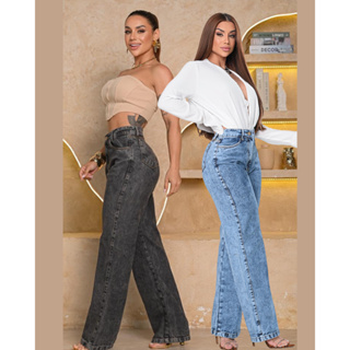 Calça Wide Leg Jeans Pantalona Cós Alto 100% Algodão Marmorizada Sem Lycra Moda Feminina Premium em Oferta na Shopee