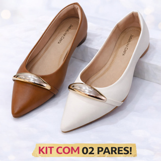 Kit 02 Pares Sapatilhas Feminina Bico Fino Casual Luxo Confortável Detalhe Dourado  Jaqueline Costa em Oferta na Shopee