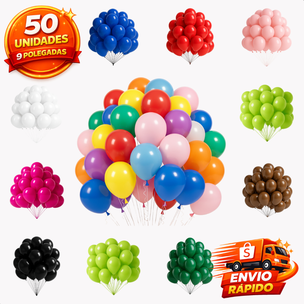 Balão Bexiga Látex Liso 9 Polegadas 50 Unidades Decoração Festa Aniversário Casamento
