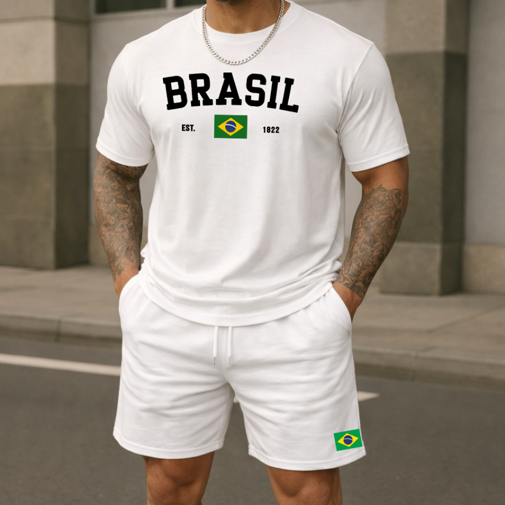 Conjunto Camiseta Básica Masculina Algodão + Bermuda Moletom com Bolso Elástico Brasil Copa do Mundo