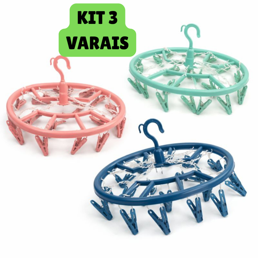 KIT com 3 Varal Multiuso Para Roupa Íntima 18 Prendedores Calcinha Cueca Meias Lavanderia