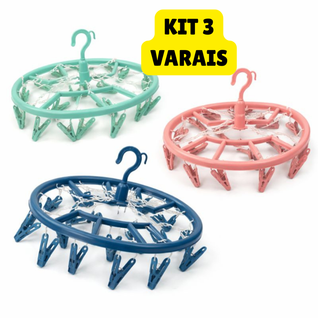 KIT com 3 Varal Roupa Íntima Multiuso 18 Prendedores Para Calcinha Cueca Sutiã Meias Lavanderia