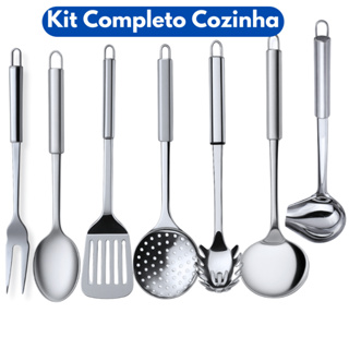 Kit 7 Utensílios de Cozinha Inox Escumadeira Concha Colher Arroz Pegador Garfo Espátula Concha Caldo em Oferta na Shopee