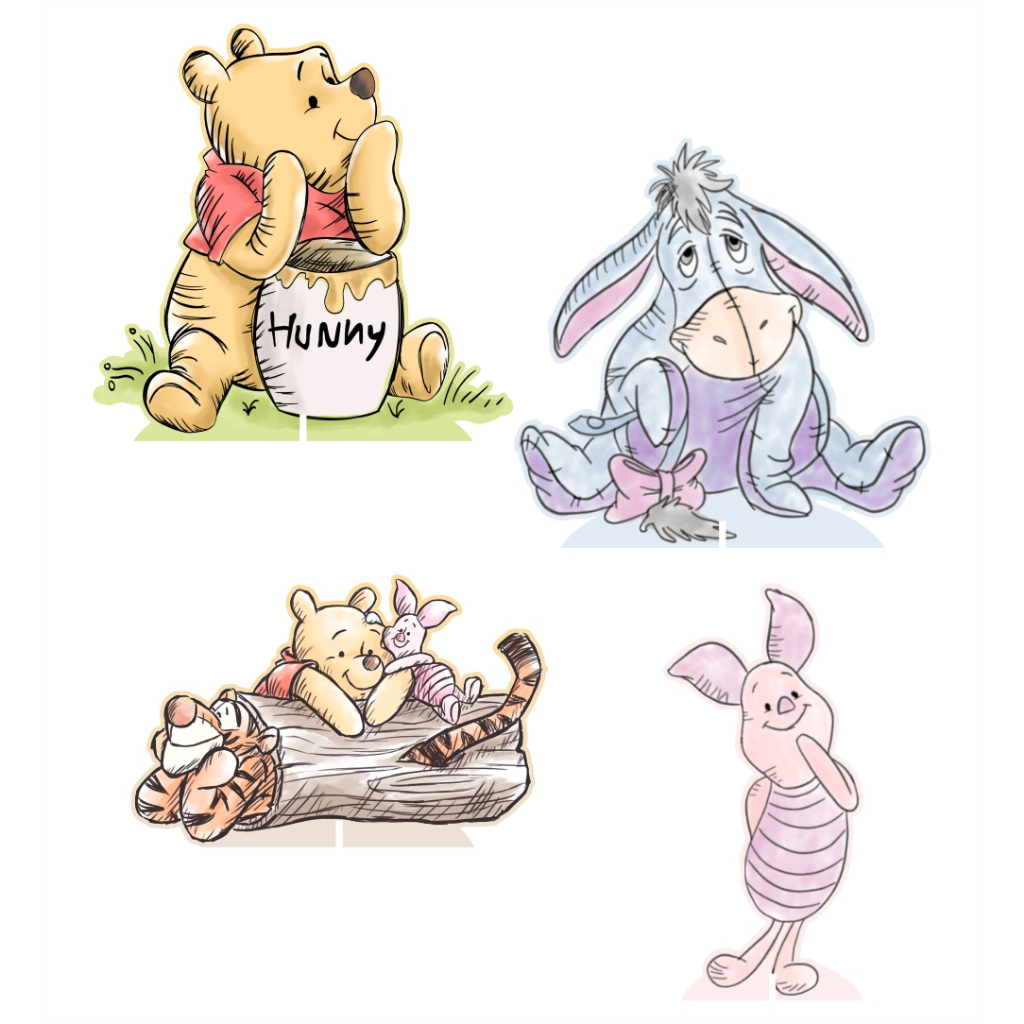 Kit 4 Displays Ursinho Pooh Aquarela 20cm - Vinil Fosco - Totem Decoração Aniversário - ENVIO RÁPIDO