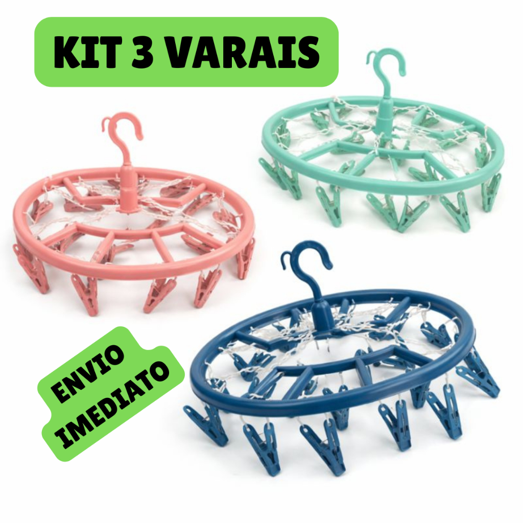 KIT com 3 Varal Compacto Roupa Íntima Multiuso Com 18 Prendedores Lavanderia em Oferta na Shopee