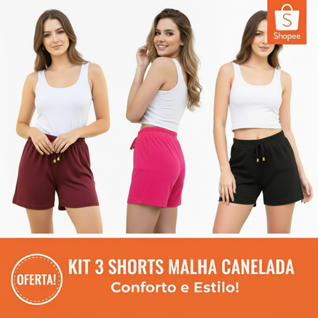 Short feminino na malha canelada Kit com 3 peças bermudas feminina soltinha, casual para o verão