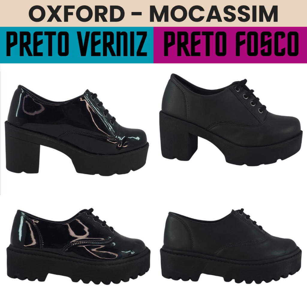 Sapato Oxford Mocassim Salto Plano Plataforma Verniz e Preto