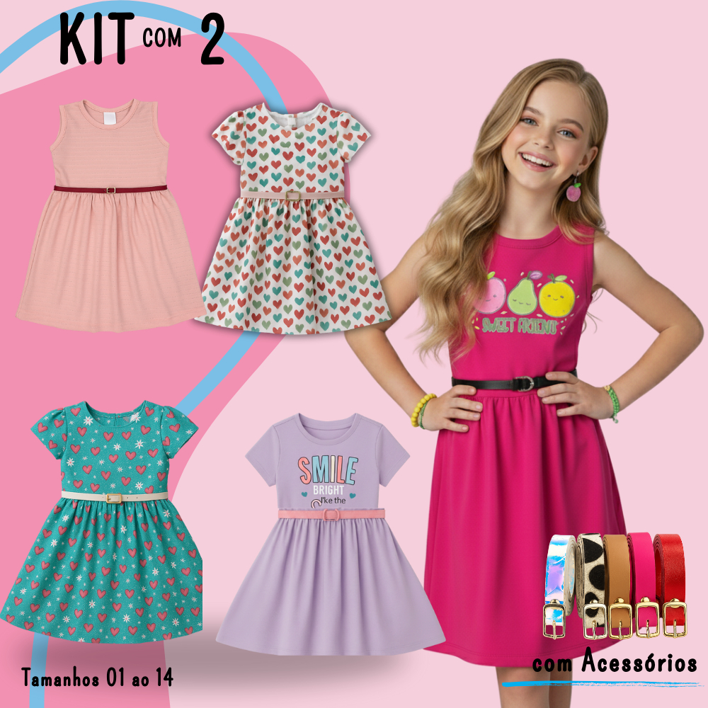 Kit 2 Vestidos Infantil Verão Algodão Confortável Com Cinto Estampas Encantadoras