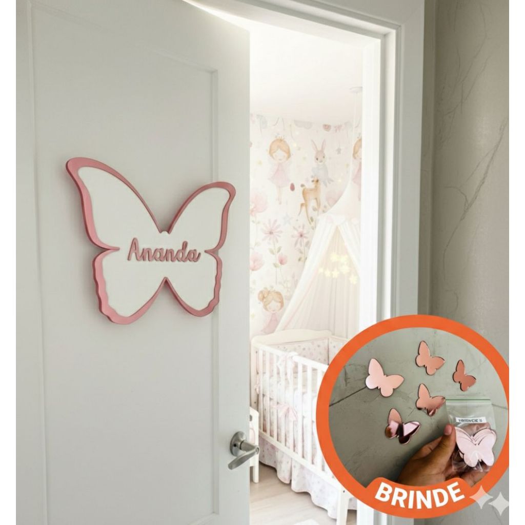 Enfeite Porta Maternidade Borboleta Acrílico Fundo MDF Decoração Quarto Infantil Menina Nome Personalizado + Brinde