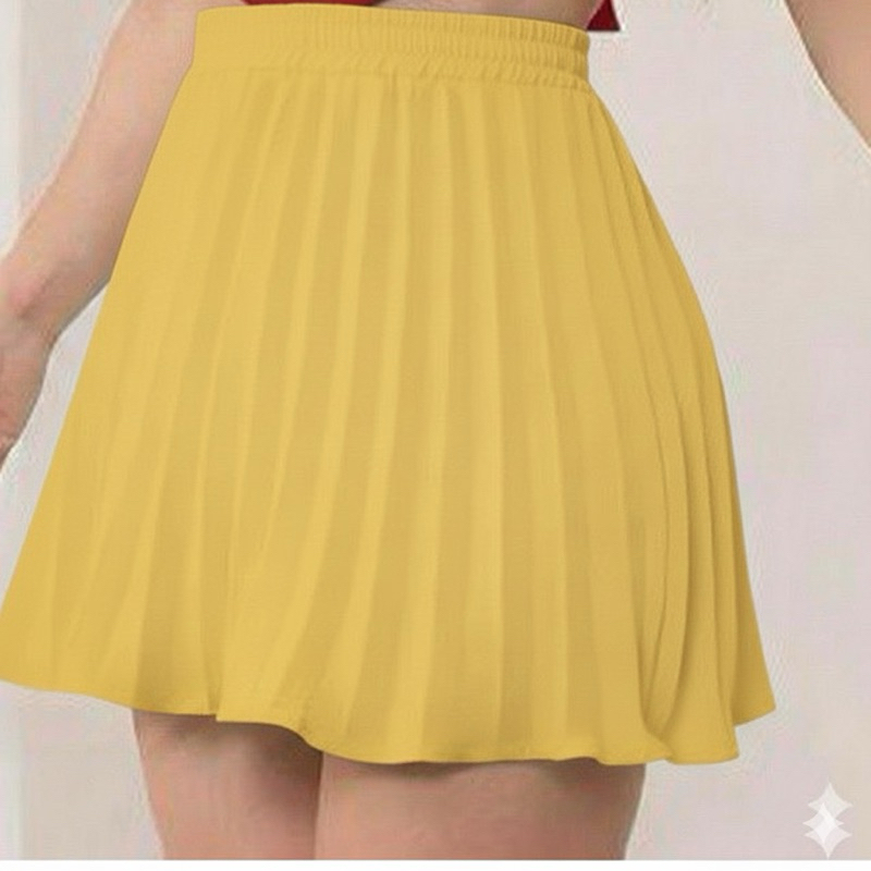 Short saia Kauana, plissado curto rodado, tendência Verão