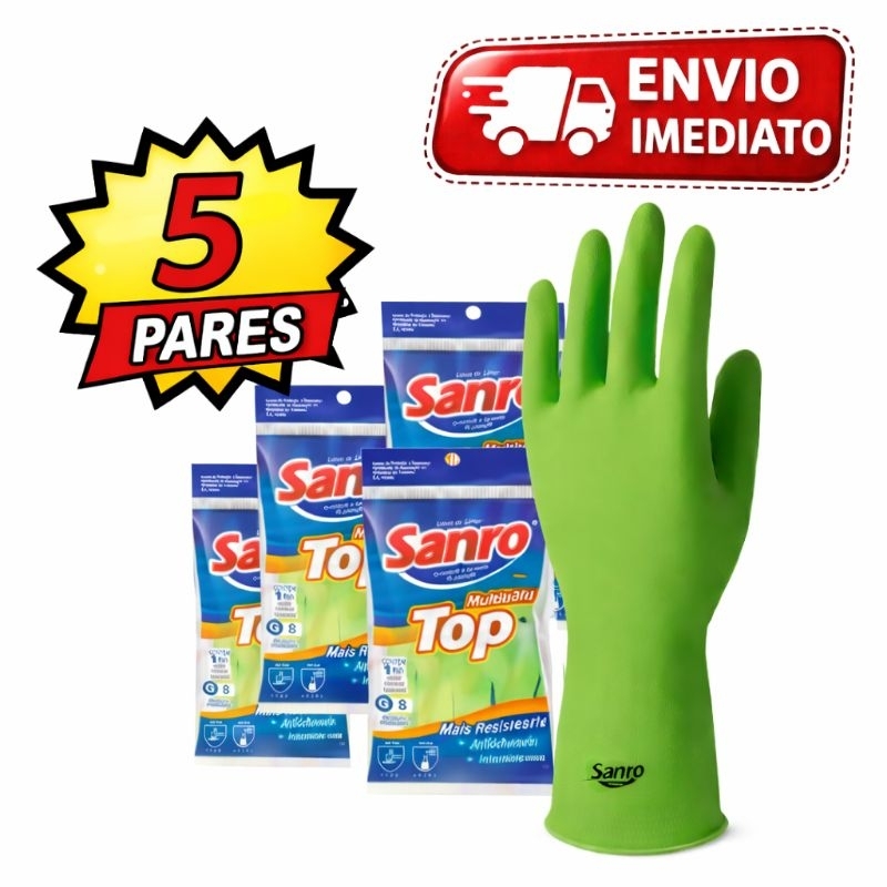 KIT 05 LUVA SANRO LATEX TOP VERDE FORRADA PROTEÇÃO AO USO DOMÉSTICO E MANUSEIO DE PRODUTOS QUIMICOS