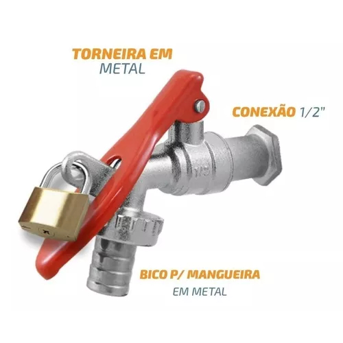 Torneira Esfera Jardim 1/2" Porta Cadeado COM Cadeado e Bico para Mangueira