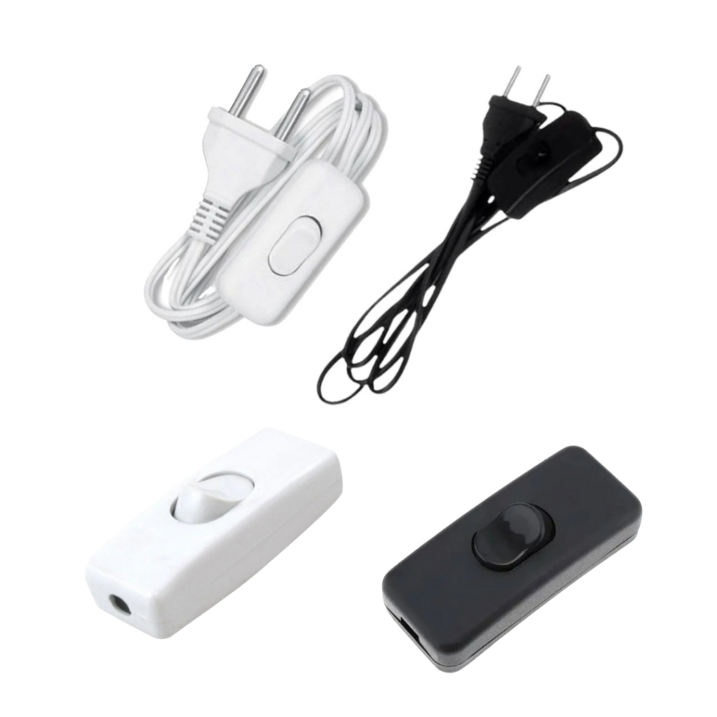 Interruptor 1 Tecla C/Cordão e S/Cordão 1,20m para Abajur (Meio Fio) Interneed Branco e Preto Casa Quarto Segurança