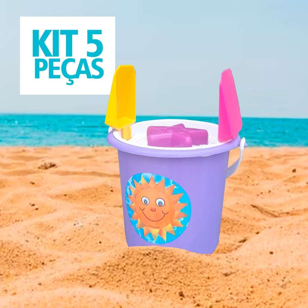 BRINQUEDO DE PRAIA BALDINHO CASTELINHO DE AREIA 5 PEÇAS (BALDE 1L, 2 PAZINHAS PENEIRA FORMINHA)