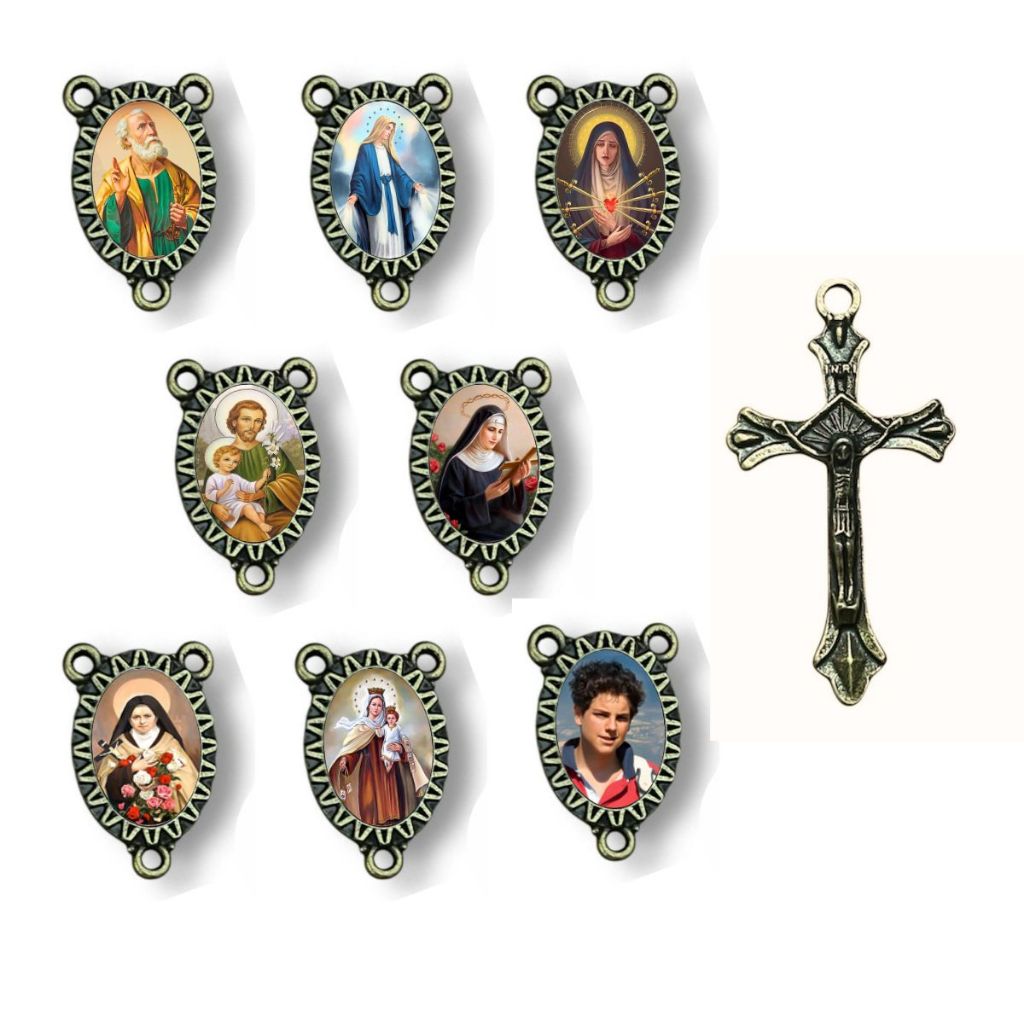 10 Crucifixos + 10 Entremeios Resinados Verso Sagrado Coração de Jesus Ouro velho Terços Católicos Kit para Terços