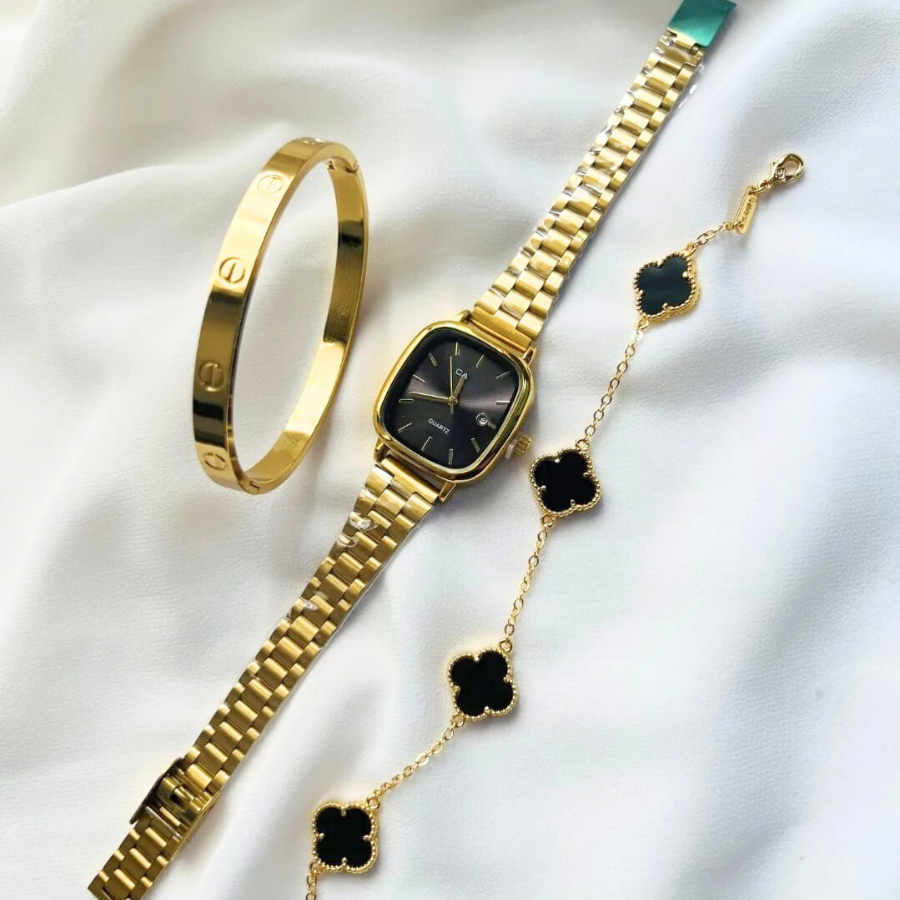 Conjunto de Relógio Bracelete E Pulseira Feminino Dourado com fundo Preto Acessórios Femininos Kit