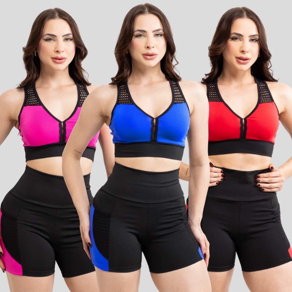 Conjunto Fitness Feminino Alta Compressão Top com Decote Alta Sustentação Short Cintura Alta com Bolso em Oferta na Shopee