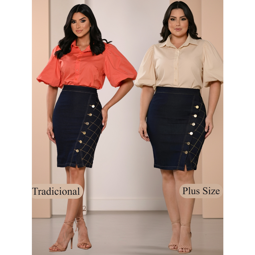 Saia Jeans Tradicional Plus Size Moda Evangélica Botões dourados Costura Xadrez do 36 ao 56