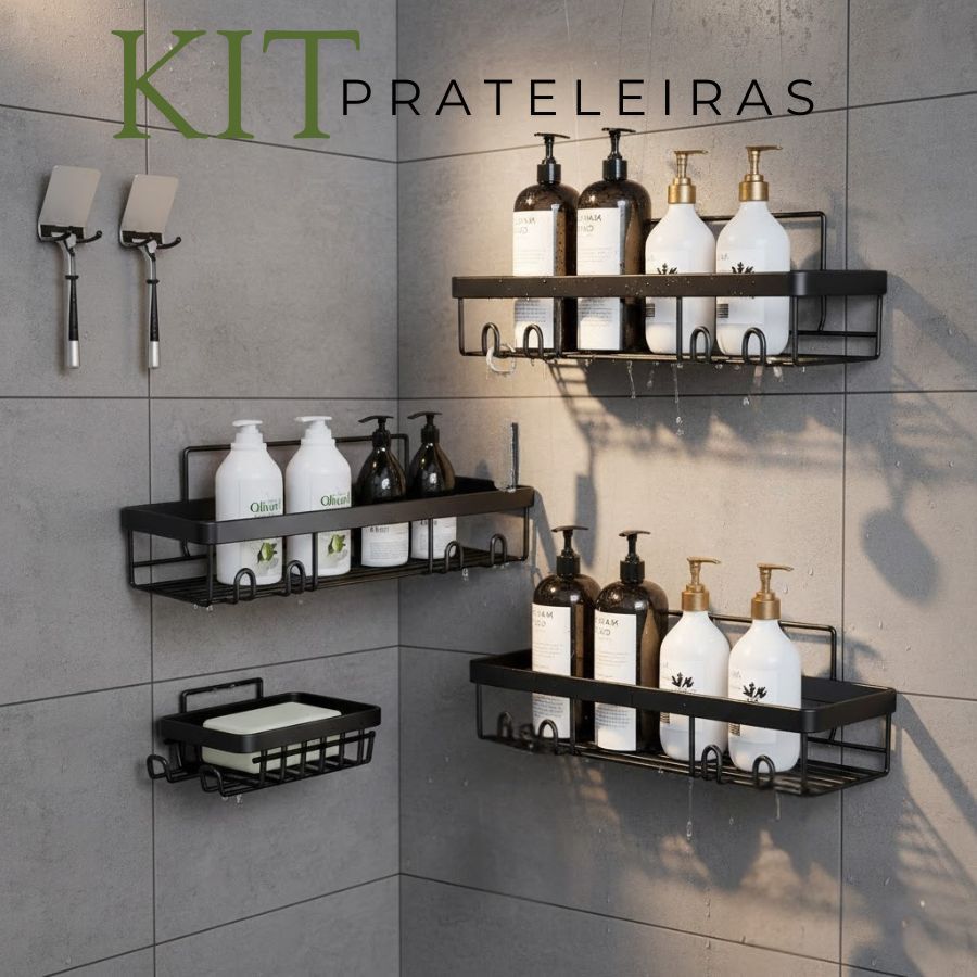 Prateleiras Pretas para Banheiro Sem Furo de Alta Durabilidade Suporte Shampoo Luxo