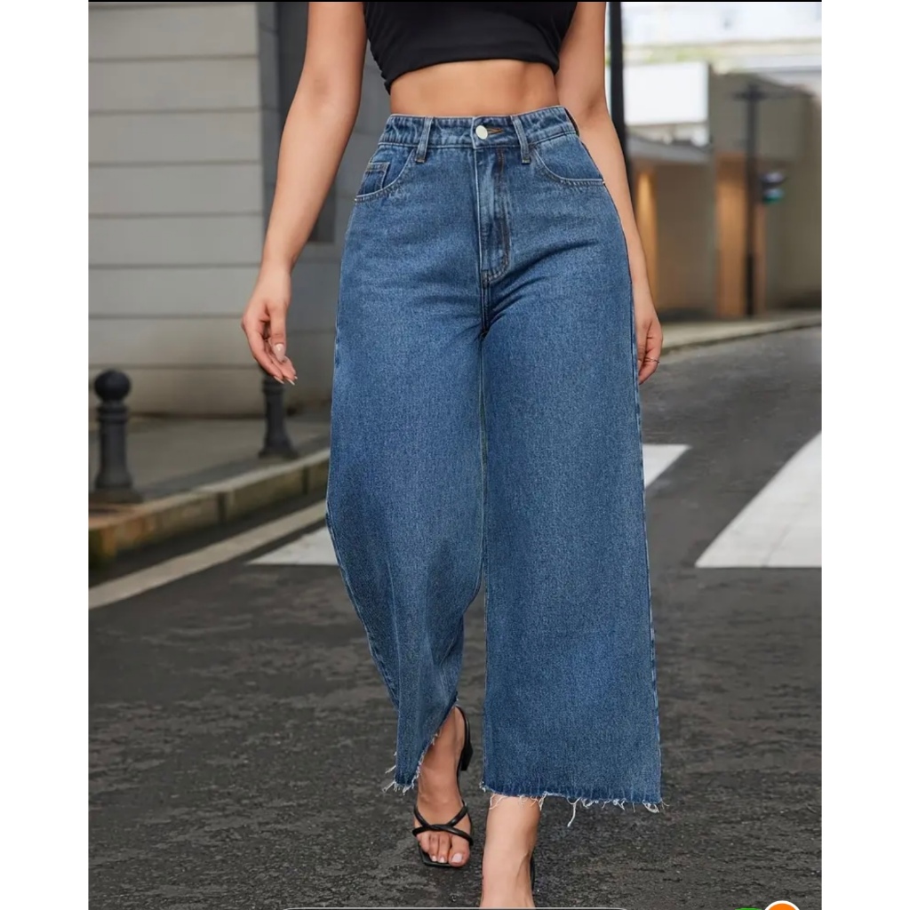 Calça Jeans Pantacourt Feminina Cintura Alta Curta Perna Larga