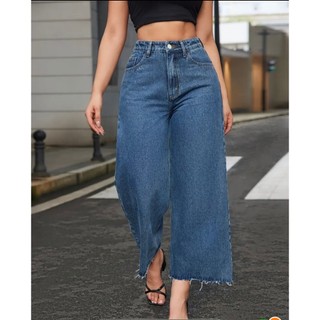 Calça Jeans Pantacourt Feminina Cintura Alta Curta Perna Larga