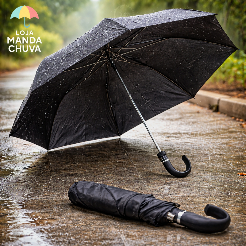 Guarda Chuva Sombrinha Automático Reforçado Preto | Compacto com Cabo Curvo Ergonômico Dobravel Bolsa Mochila