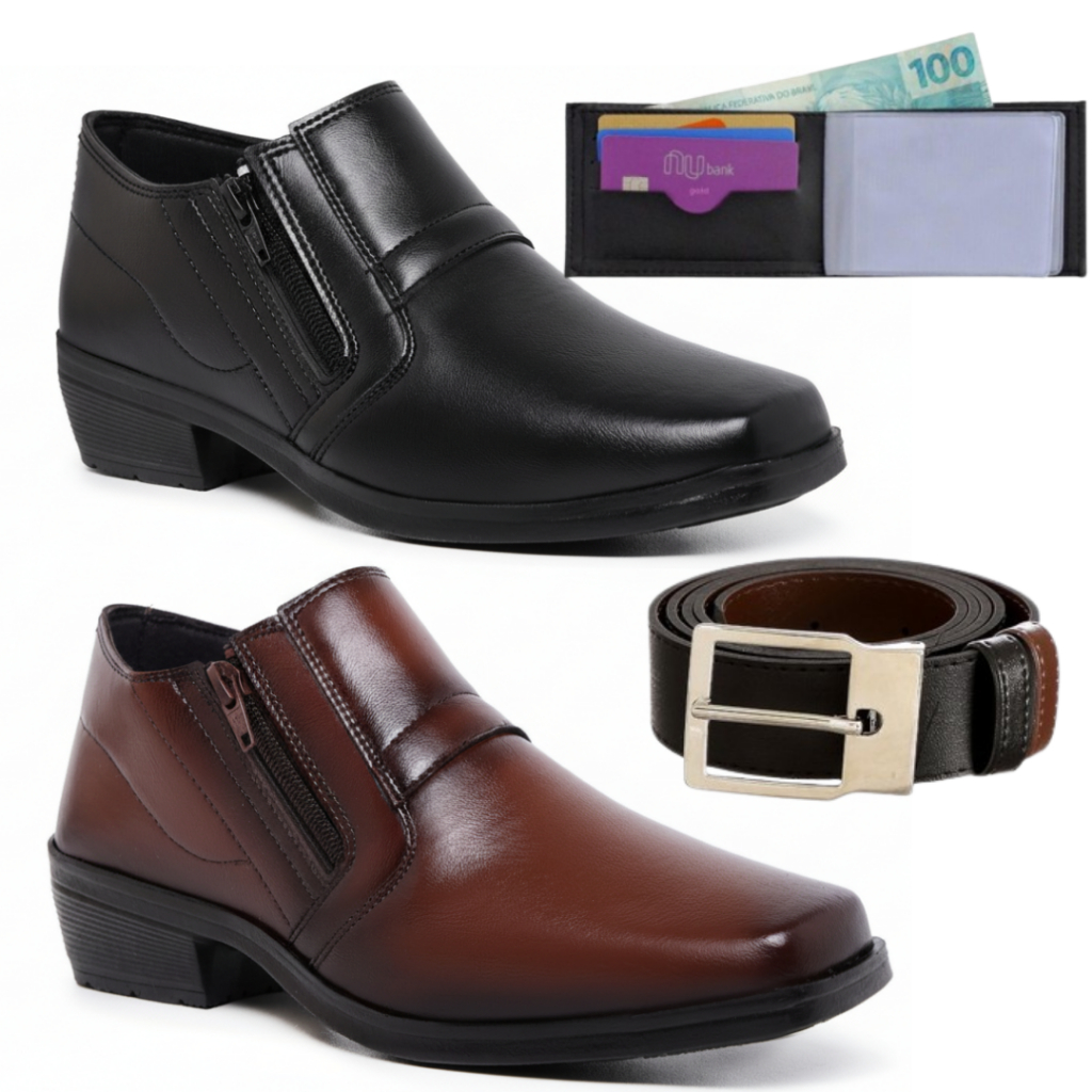 Bota Botinha Social Masculina Com Zíper Elegante Kit Com 2 Pares Cinto e Carteira em Oferta na Shopee