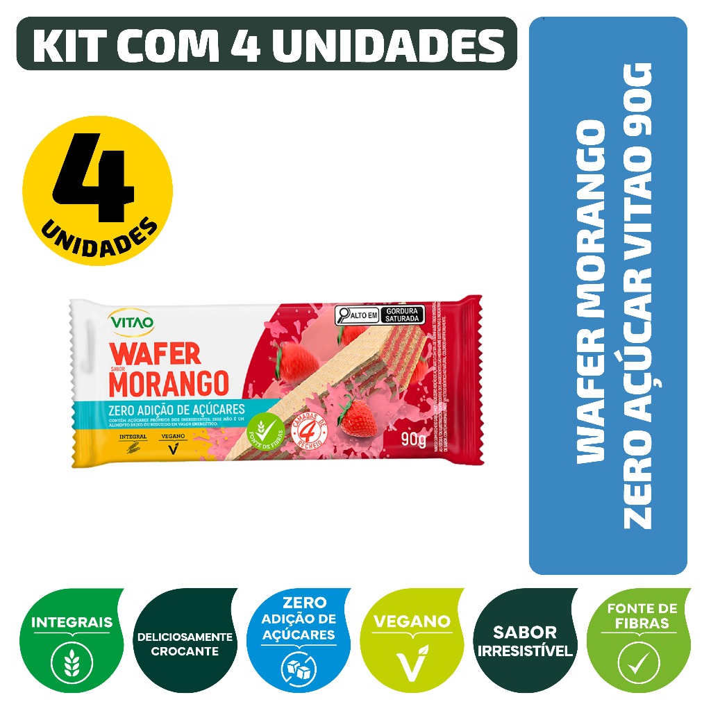 Kit Wafer Morango Zero Açúcar Vitao 90G - 4 Unidades em Oferta na Shopee