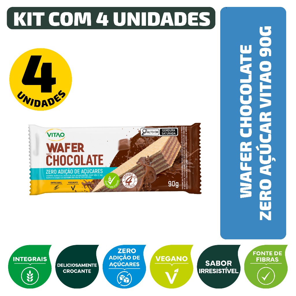 Kit Wafer Chocolate Zero Açúcar Vitao 90G - 4 Unidades em Oferta na Shopee