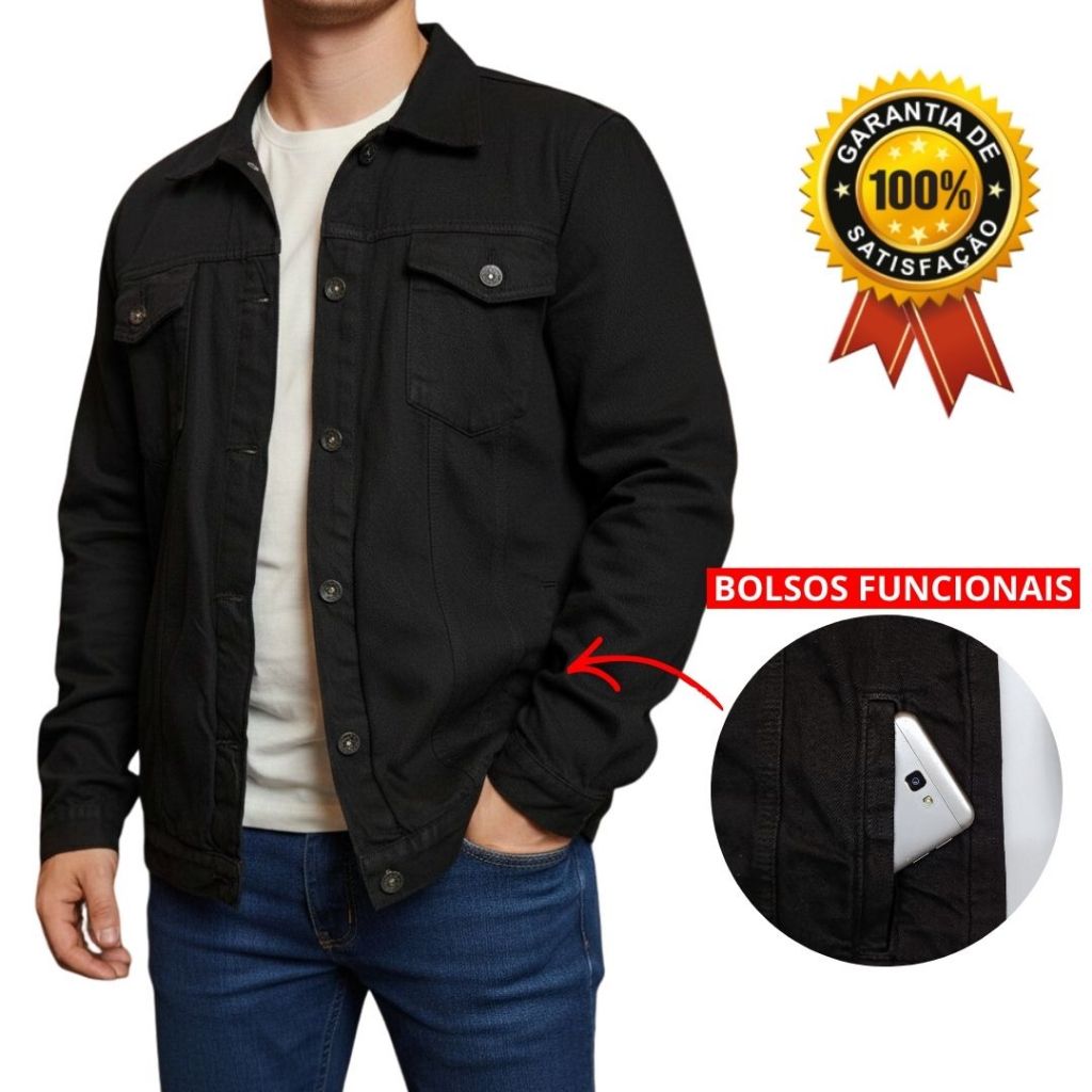 Jaqueta Jeans Masculina Preta Oversized com Bolsos Funcionais Estilo Casual Urbano Moderno Atemporal