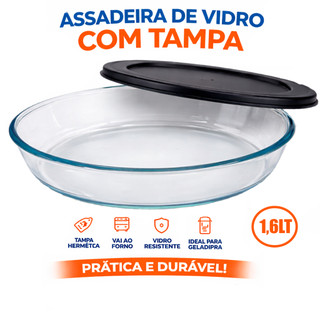 Assadeira De Vidro Oval Resistente Temperado Vai Com Tampa 1,6 Litros Borossilicato