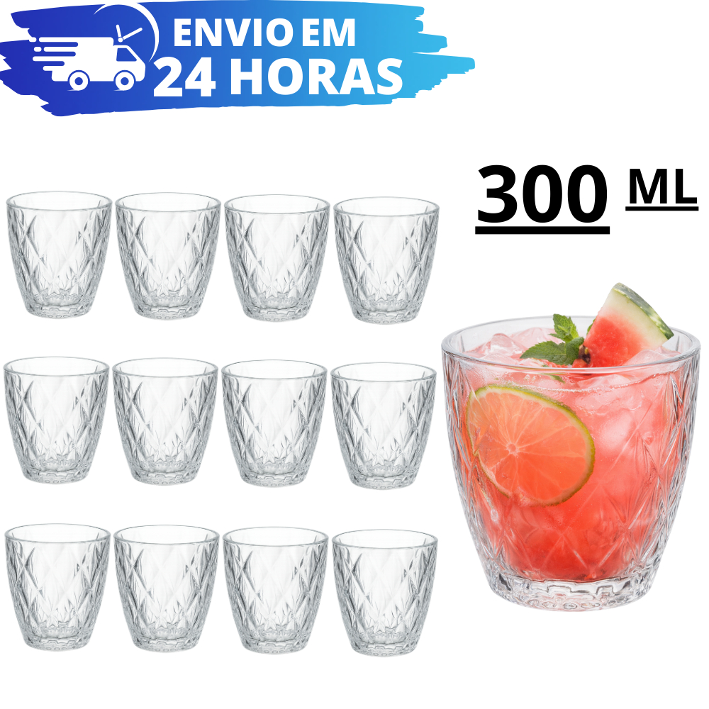Jogo 12 e 6 Copos Diamond Baixos 300ML REFORÇADO Diamante Luxo Transparente