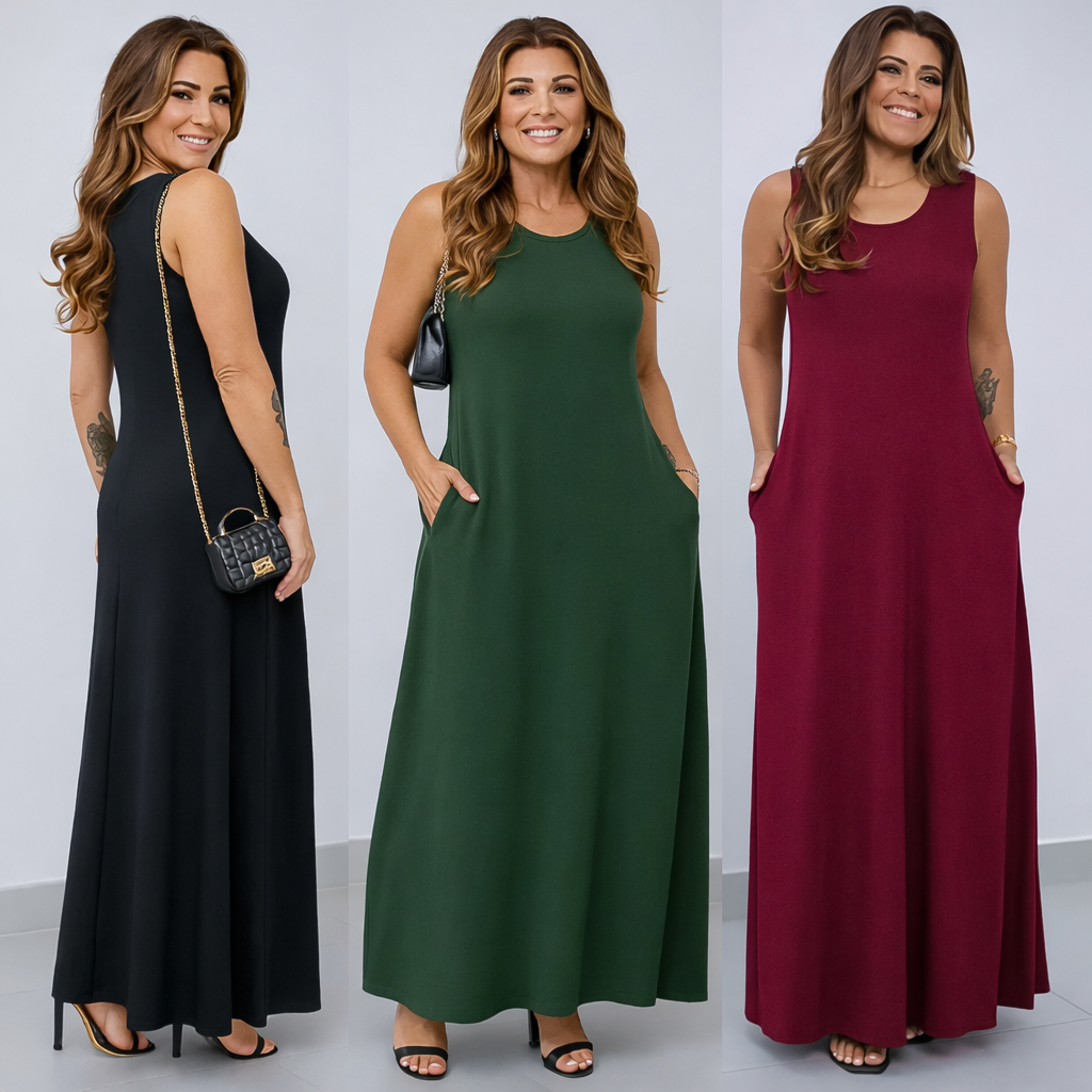 Vestido Feminino Eva Longo Longuete Com Bolso Slim e Plus Size Regata Larguinho Confortável Viscolycra Moda Mulher Verão