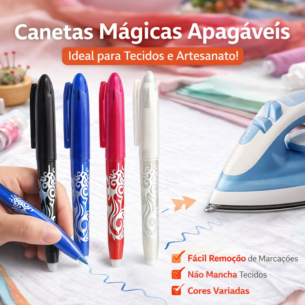 Caneta Apagavel Kit 3 Canetas Fantasminha Para Tecido Artesanato Costura Marcações Temporárias Escreve e Apaga Com Calor em Oferta na Shopee