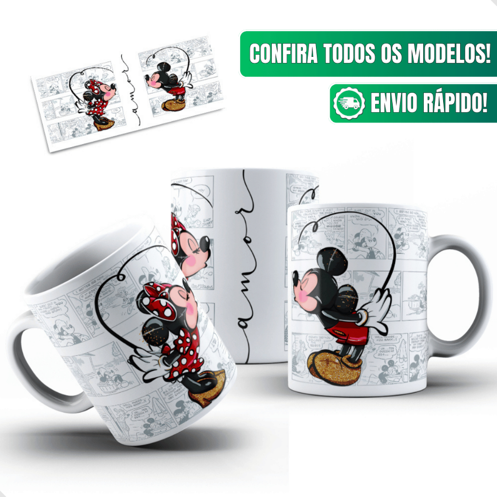 Caneca Minnie Mouse Ceramica Personalizada 325ml Mickey E Minnie Casal Beijo Quadrinhos Classica