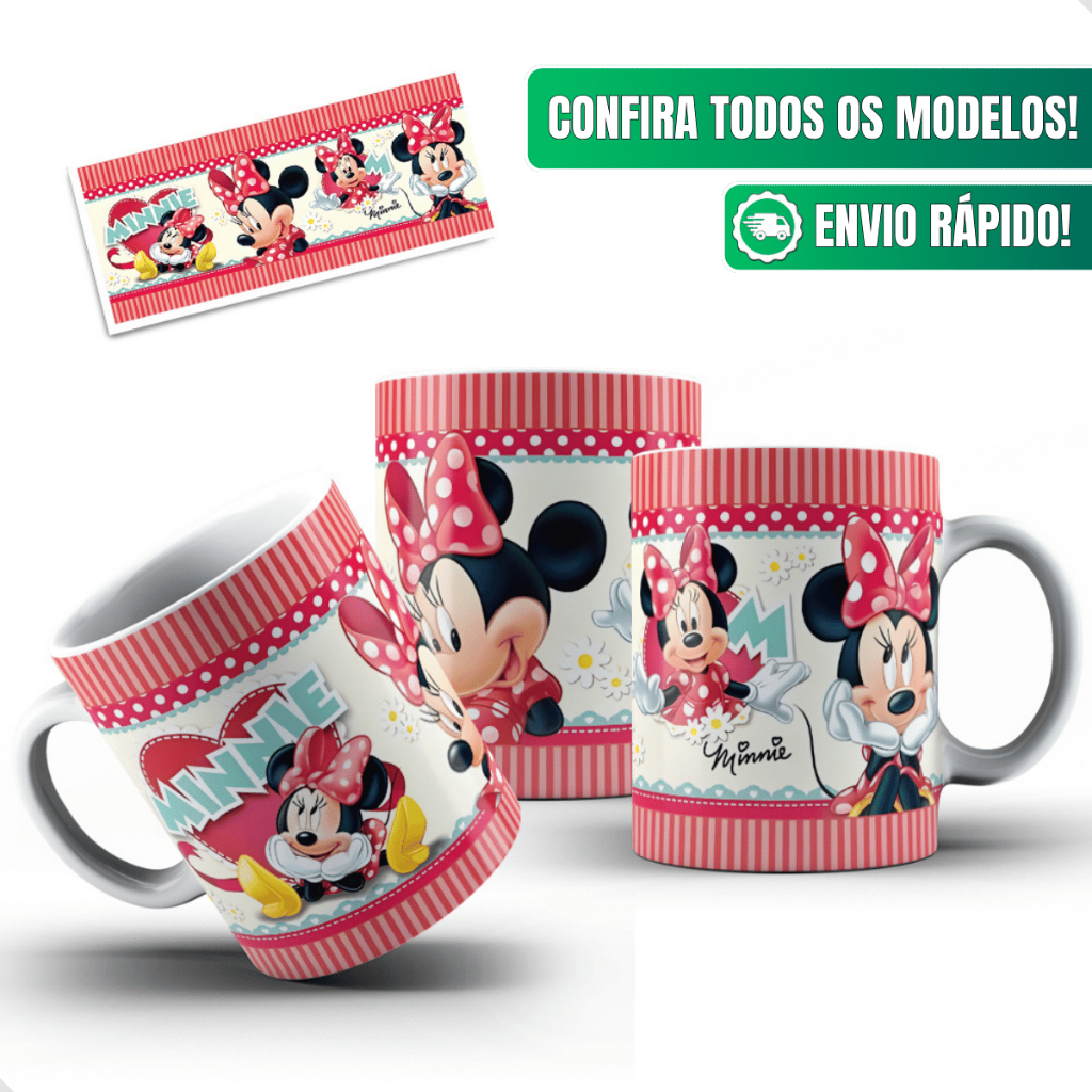 Caneca Minnie Mouse Ceramica Personalizada 325ml Rosa Listrada Lacinho Vermelho Classica Delicada