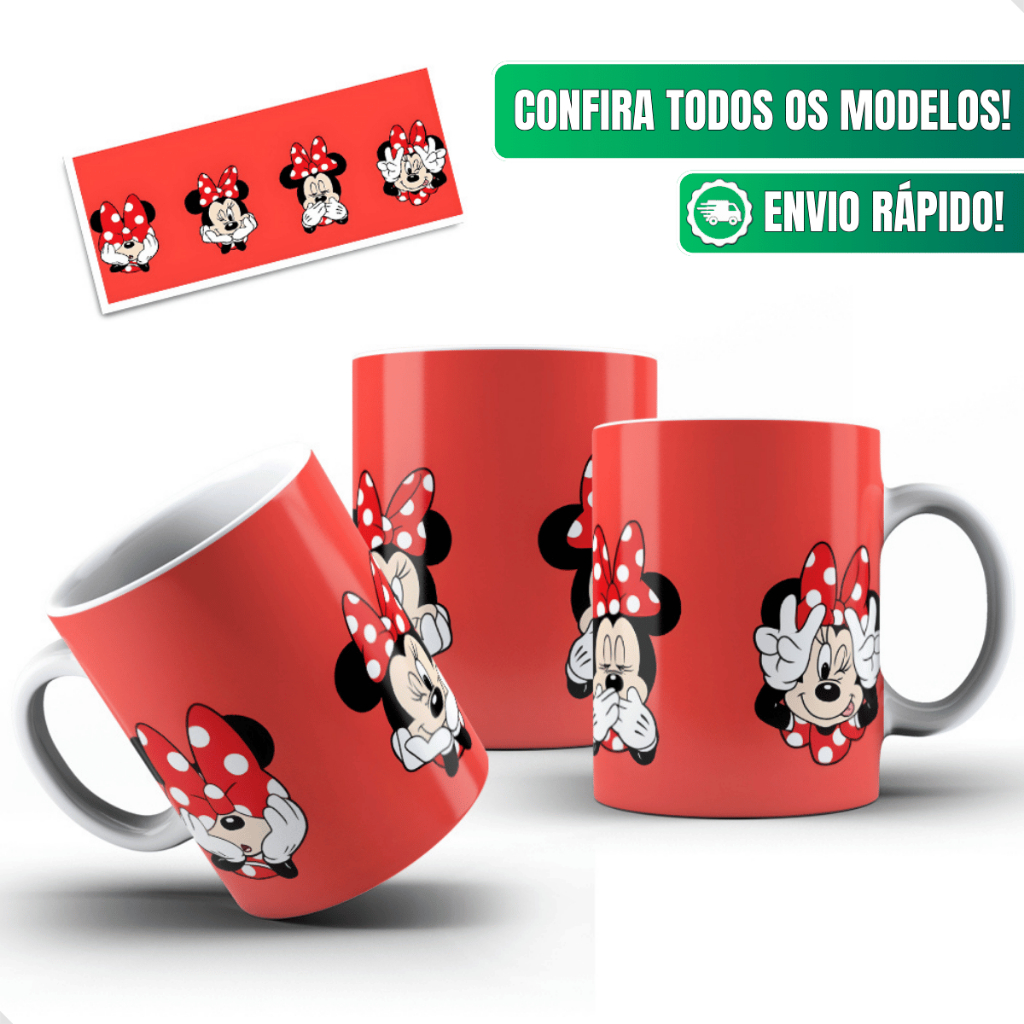 Caneca Minnie Mouse Ceramica Personalizada 325ml Vermelha Lacinho Poa Disney Infantil Classica Coral
