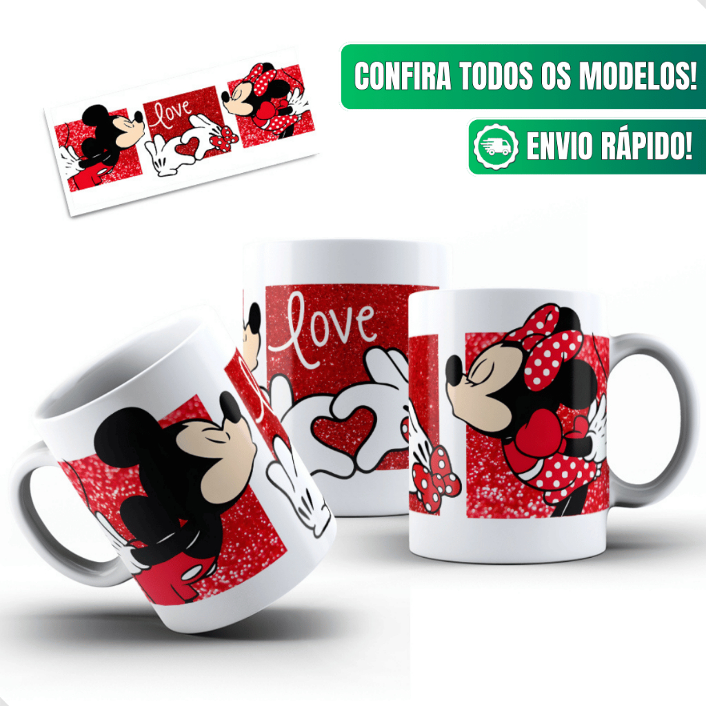 Caneca Minnie Mouse Ceramica Personalizada 325ml Mickey E Minnie Love Coracao Vermelha Glitter