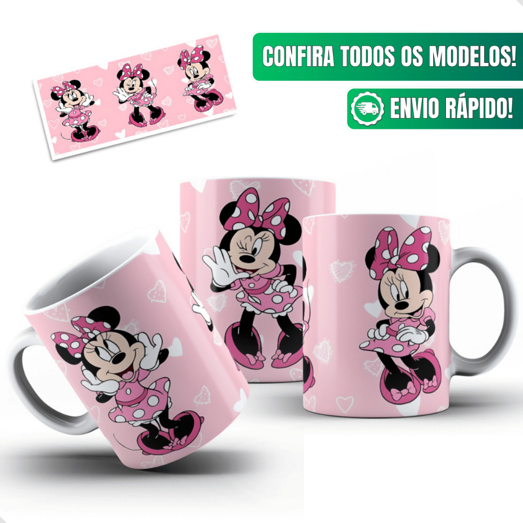 Caneca Minnie Mouse Ceramica Personalizada 325ml Rosa Coracoes Lacinho Bolinhas Classica Delicada