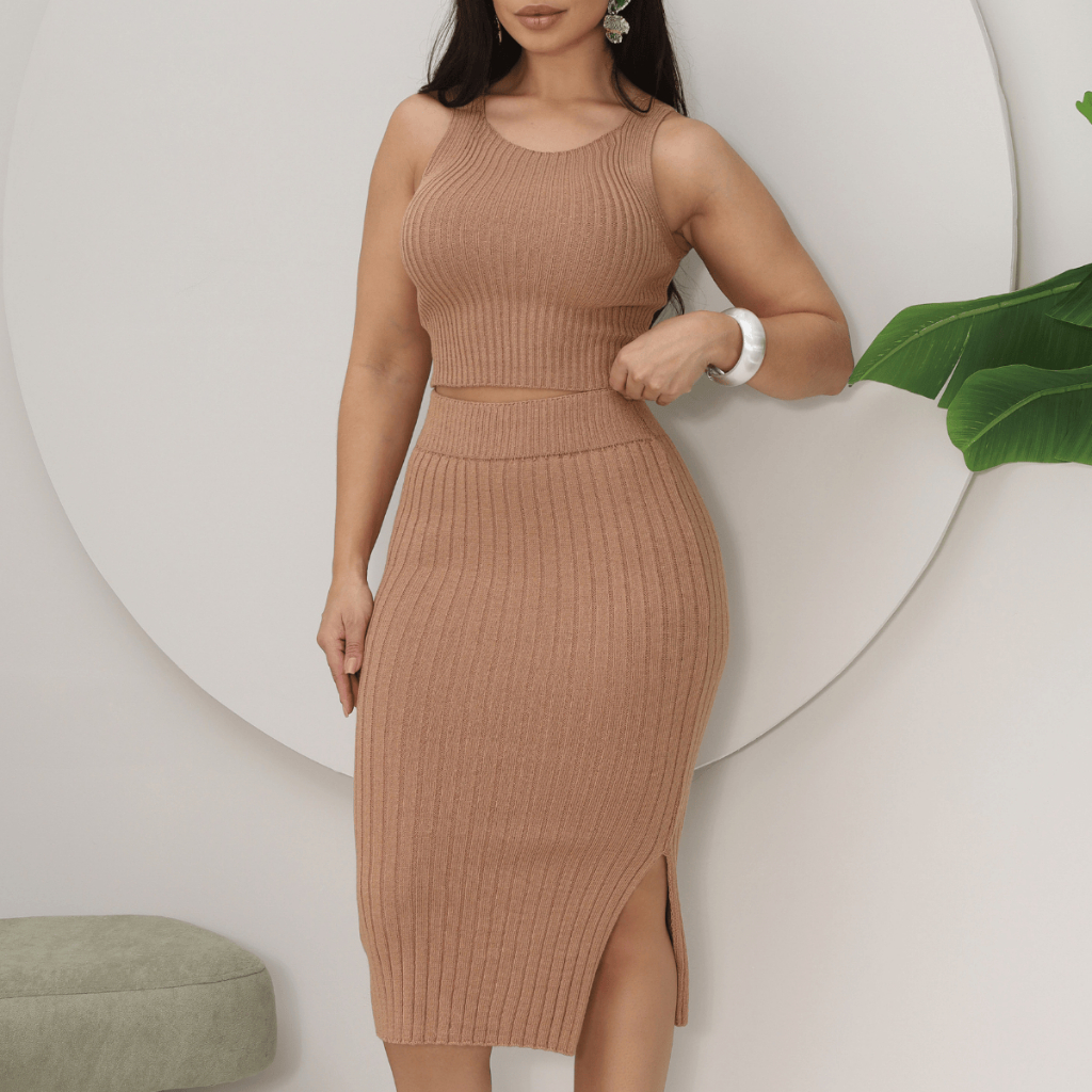 Conjunto Feminino Blusa Cropped Saia Midi Fenda Elegante Canelado Tricot Premium Modal Canelado