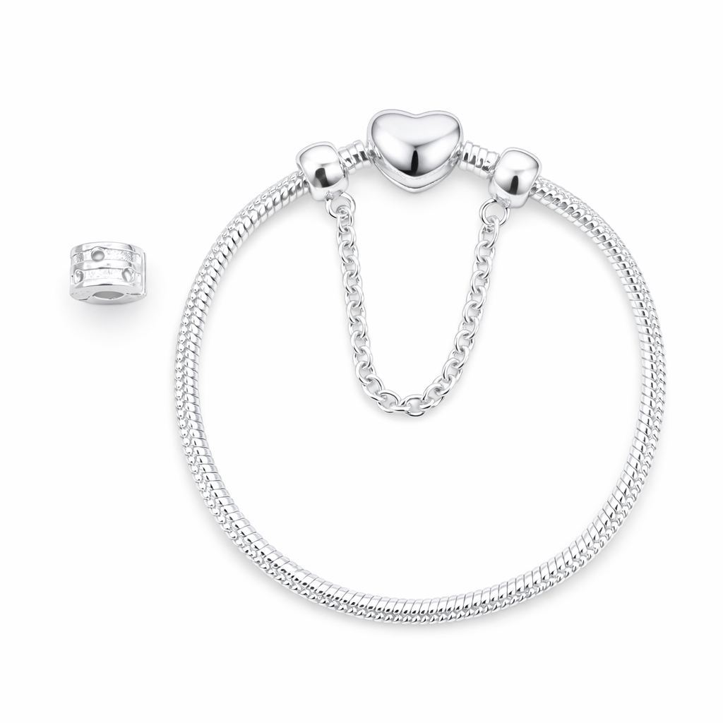 Pulseira Feminina de Prata com Coração | Snake Chain com Trava de Segurança + Porta-Joias