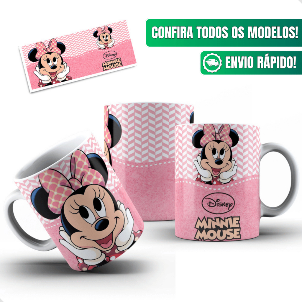 Caneca Minnie Mouse Ceramica Personalizada 325ml Disney Infantil Rosa Lacinho Classica Delicada