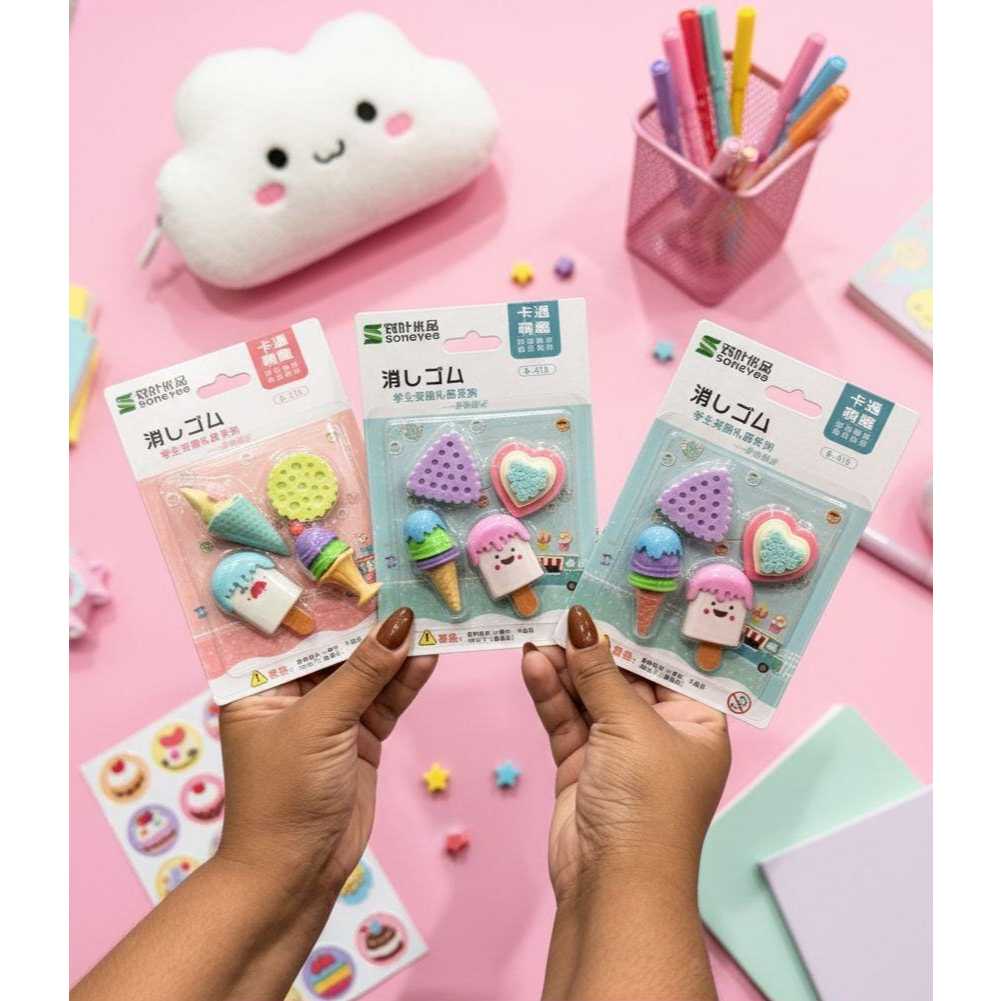Kit 4 Borrachas Escolar 3D Fofa Infantil Sorvetes e Doces em Oferta na Shopee
