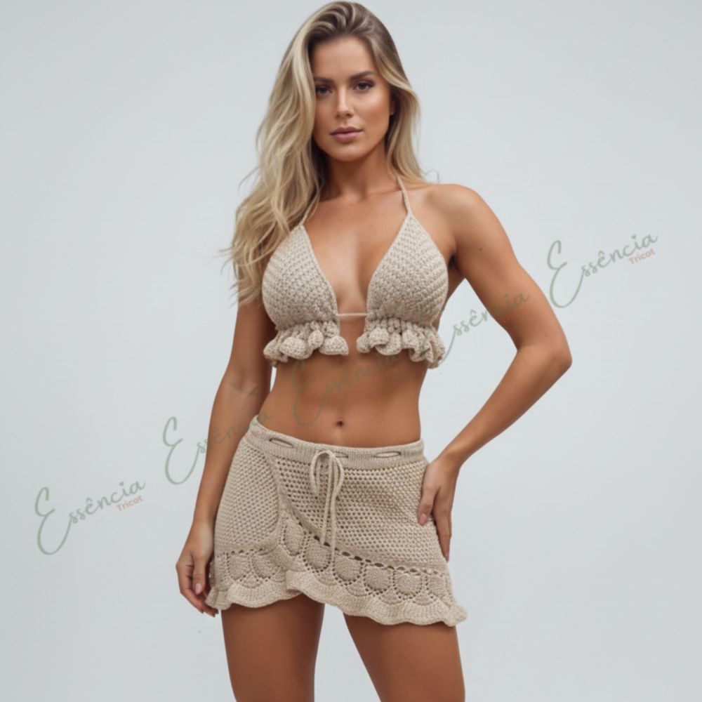 Conjunto Saída de Praia Feminina Tricot Verão 2026 | Saia e Top de Tricô Rendado | Moda Praia Crochê em Oferta na Shopee