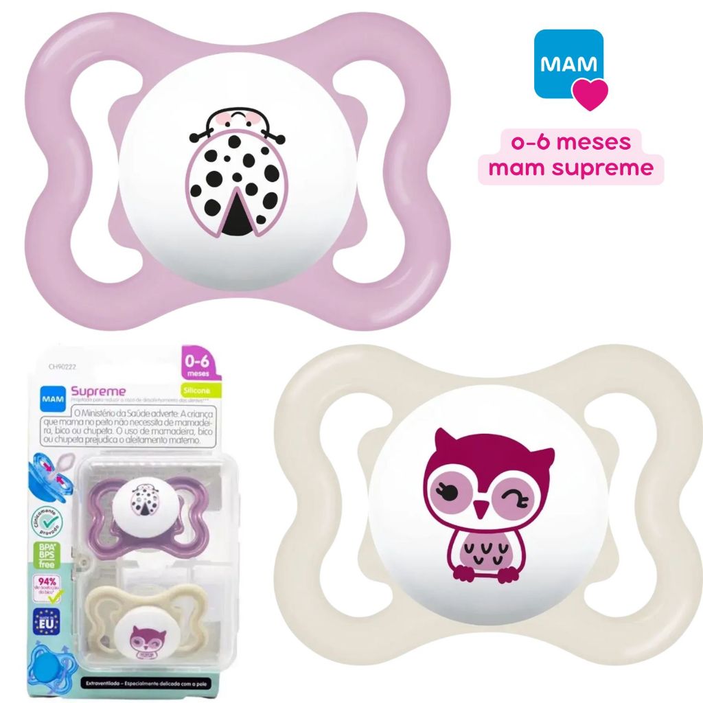 CHUPETA MAM 0-6 MESES SUPREME ORIGINAL ROSA 2 UNIDADES BICO BEBÊ RECÉM NASCIDO MENINA SUPREMA