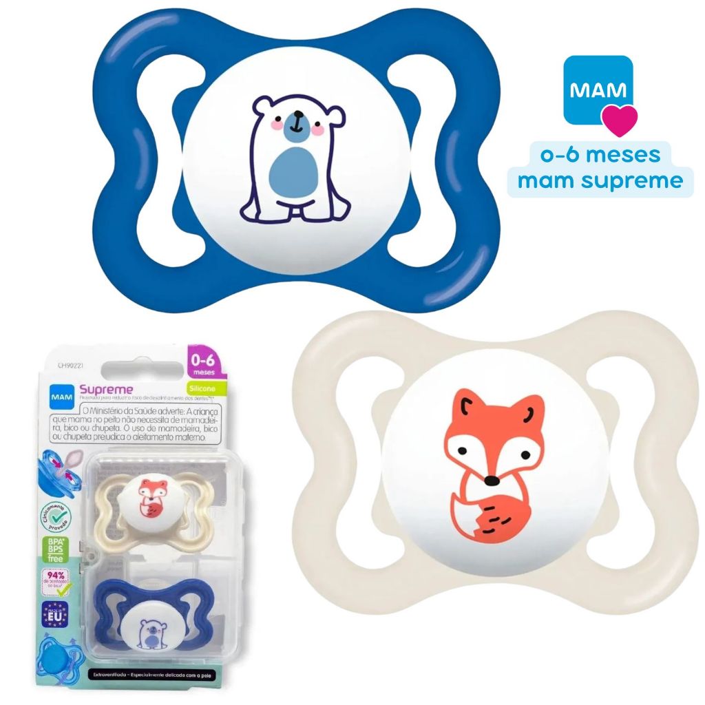 CHUPETA MAM 0-6 meses SUPREME ORIGINAL AZUL 2 UNIDADES BICO BEBÊ RN MENINO SUPREMA RECÉM NASCIDO