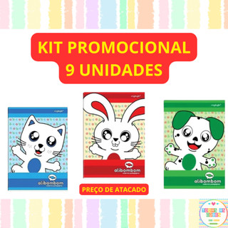 KIT 9 cadernos ALIBOMBOM CAPA DURA cor Azul ou Vermelho ou Verde 80 folhas MATERIAL ESCOLAR
