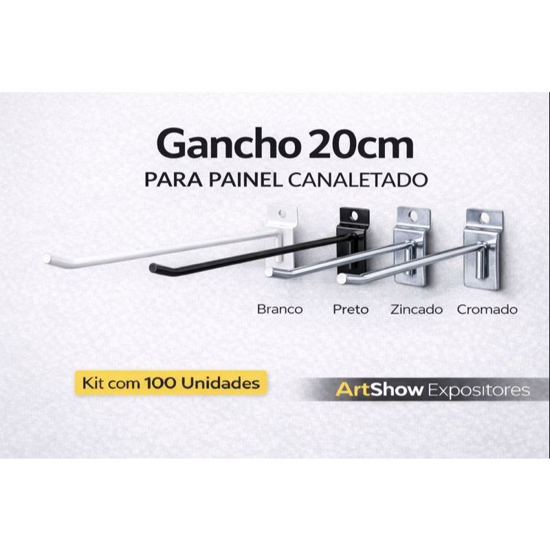 Kit 100 Gancho 20cm Painel Canaletado MDF Reforçado – Loja Expositor Cabide Aramado Branco Preto Cromado Zincado