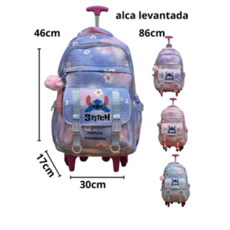 mochila escolar de rodinhas do Stitch, com estampa tie-dye, compartimento para notebook e chaveiro em Oferta na Shopee